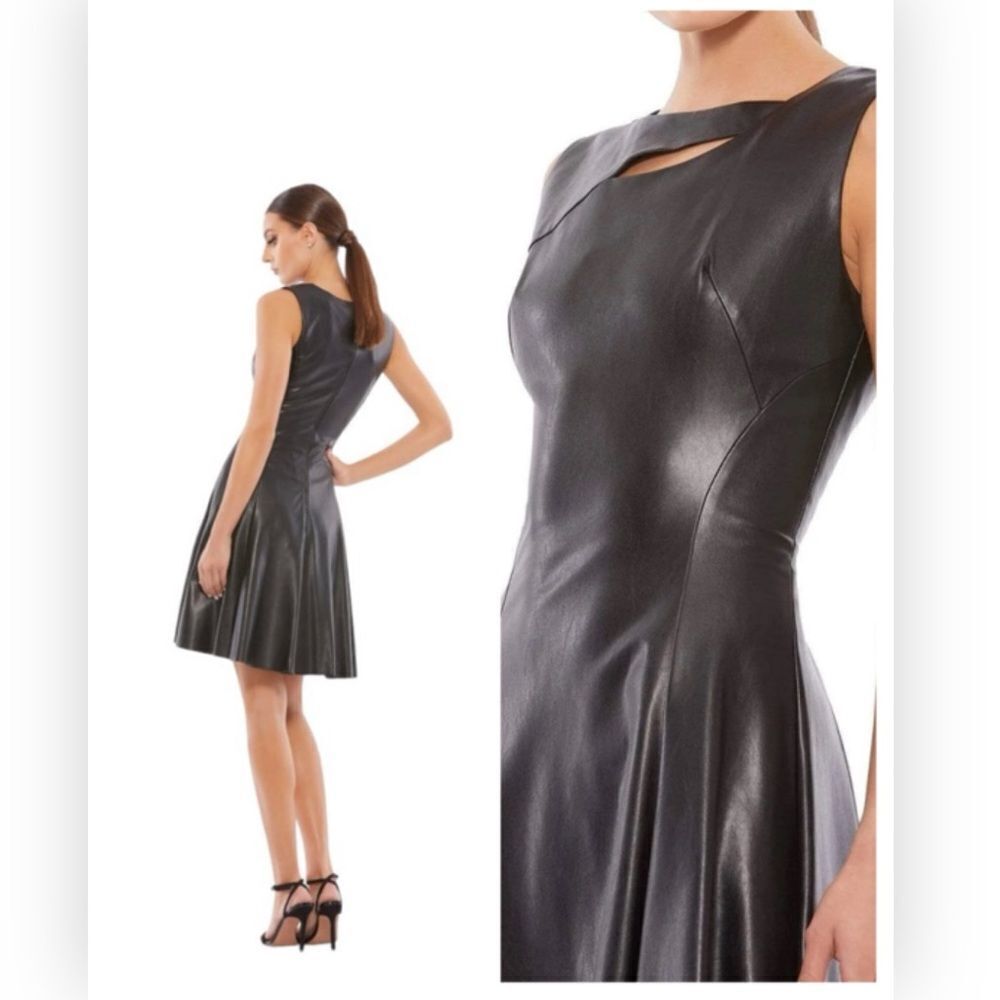 Mac Duggal 55064 Assymerical Faux Leather Mini Black Dress $398